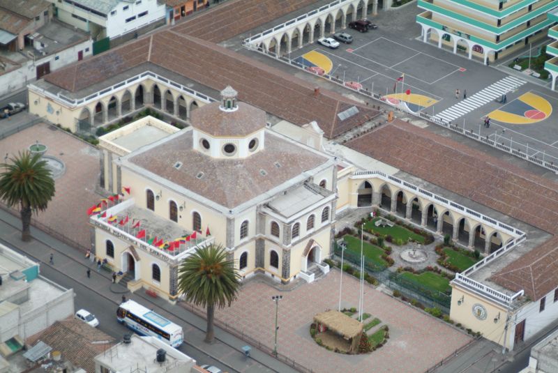 Aerial view of a reconstructed colonial building with a central courtyard