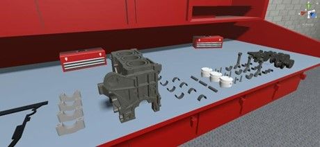 Engine parts laid out on a virtual workbench