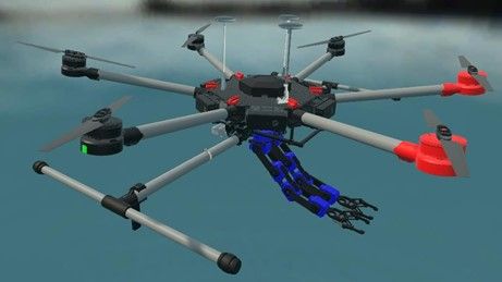 An octocopter drone with two robotic arms flying over water