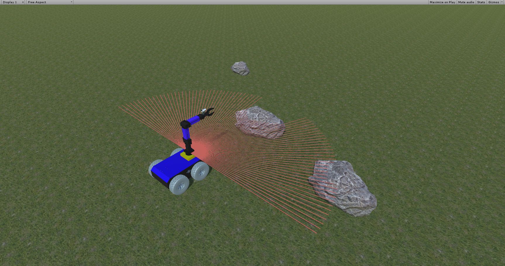 Unity3D-MatLab simulator: a mobile manipulator robot scanning rocks on a virtual terrain